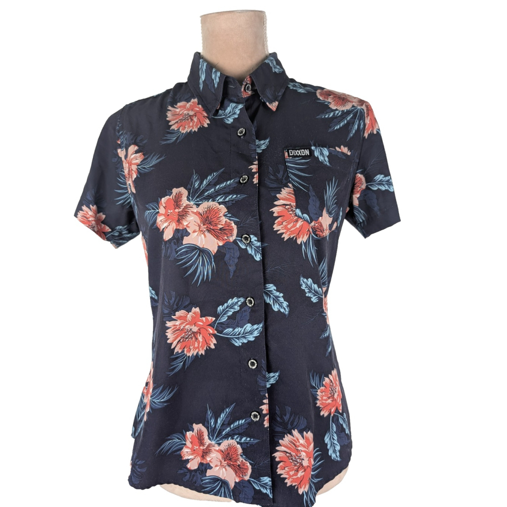 Dixxon The Cayman Shirt Tropical Hawaiian Women's Sz S Navy Blue Hibiscus